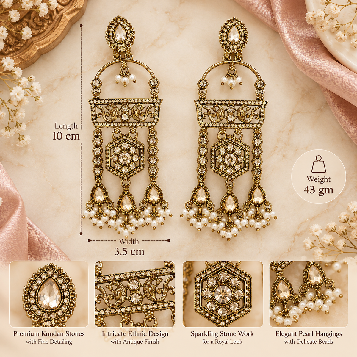 Aarvika Antique Gold Tone Long Dangler Earrings with Pearl Drops