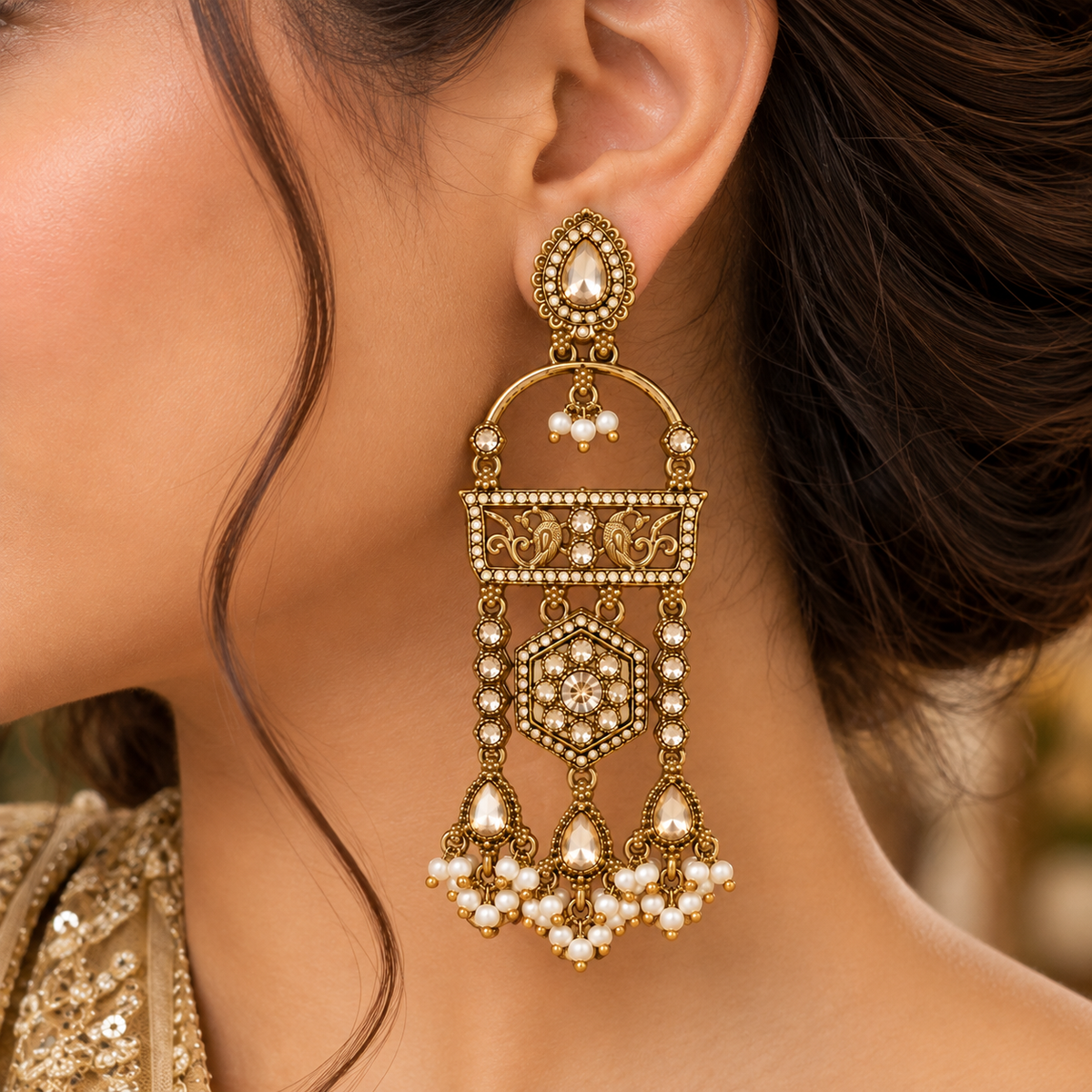 Aarvika Antique Gold Tone Long Dangler Earrings with Pearl Drops