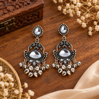 Aarvika Oxidized Silver Dangle Earrings with Clear Stone Work