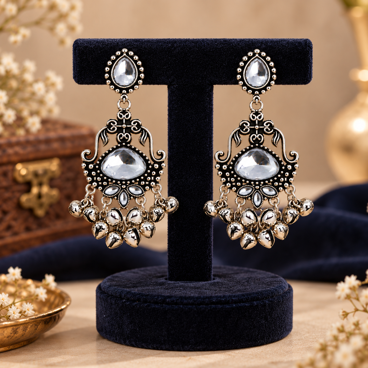 Aarvika Oxidized Silver Dangle Earrings with Clear Stone Work