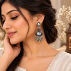 Aarvika Oxidized Silver Dangle Earrings with Clear Stone Work