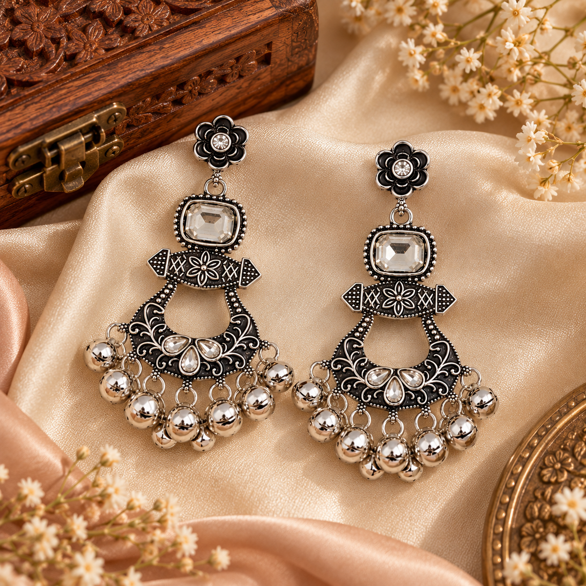 Aarvika Oxidized Silver Chandbali Earrings with Kundan Stones