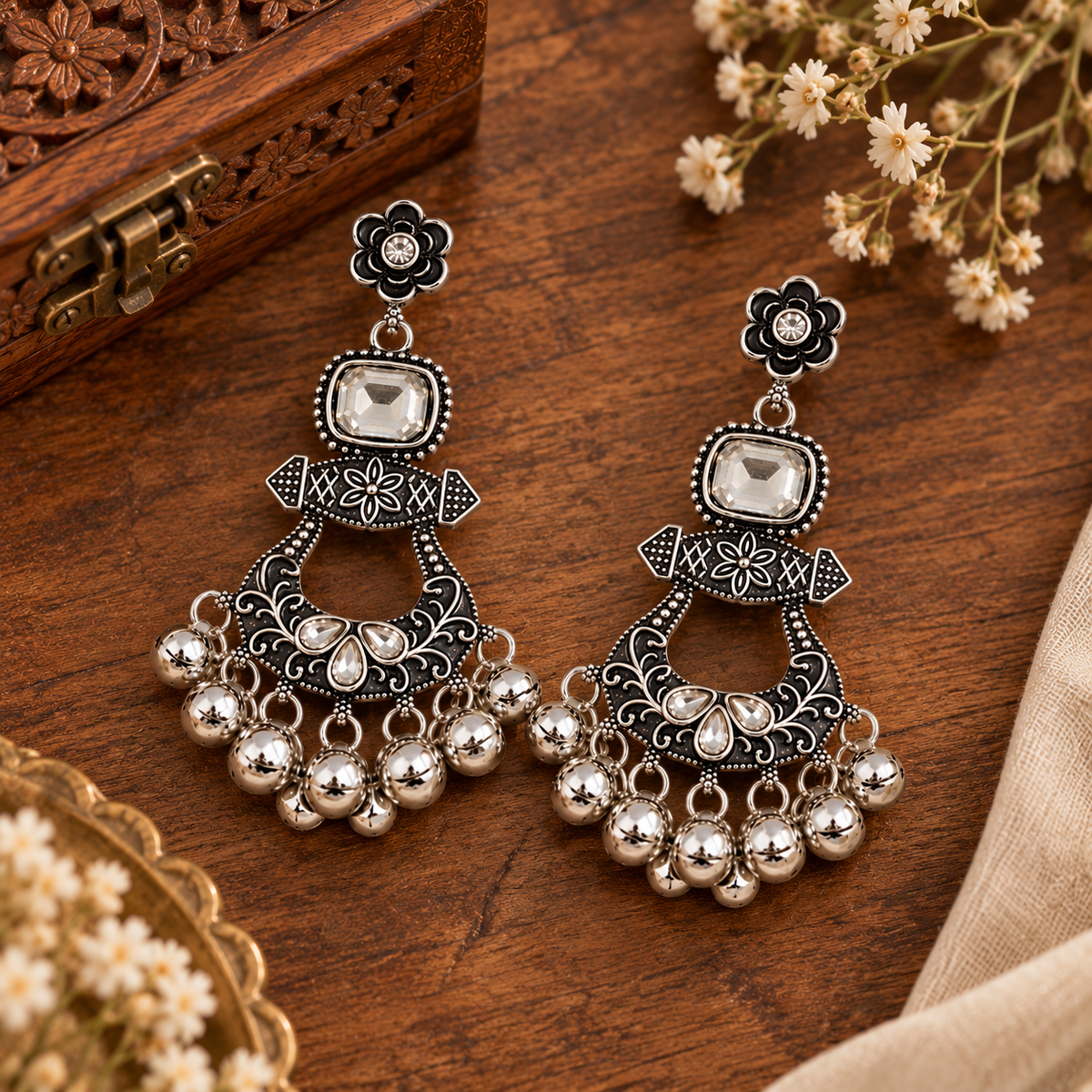 Aarvika Oxidized Silver Chandbali Earrings with Kundan Stones