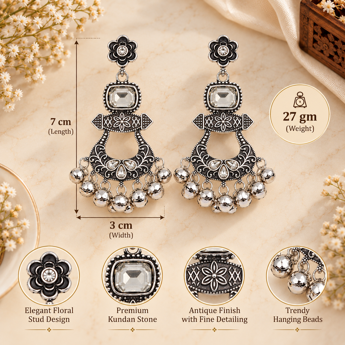 Aarvika Oxidized Silver Chandbali Earrings with Kundan Stones