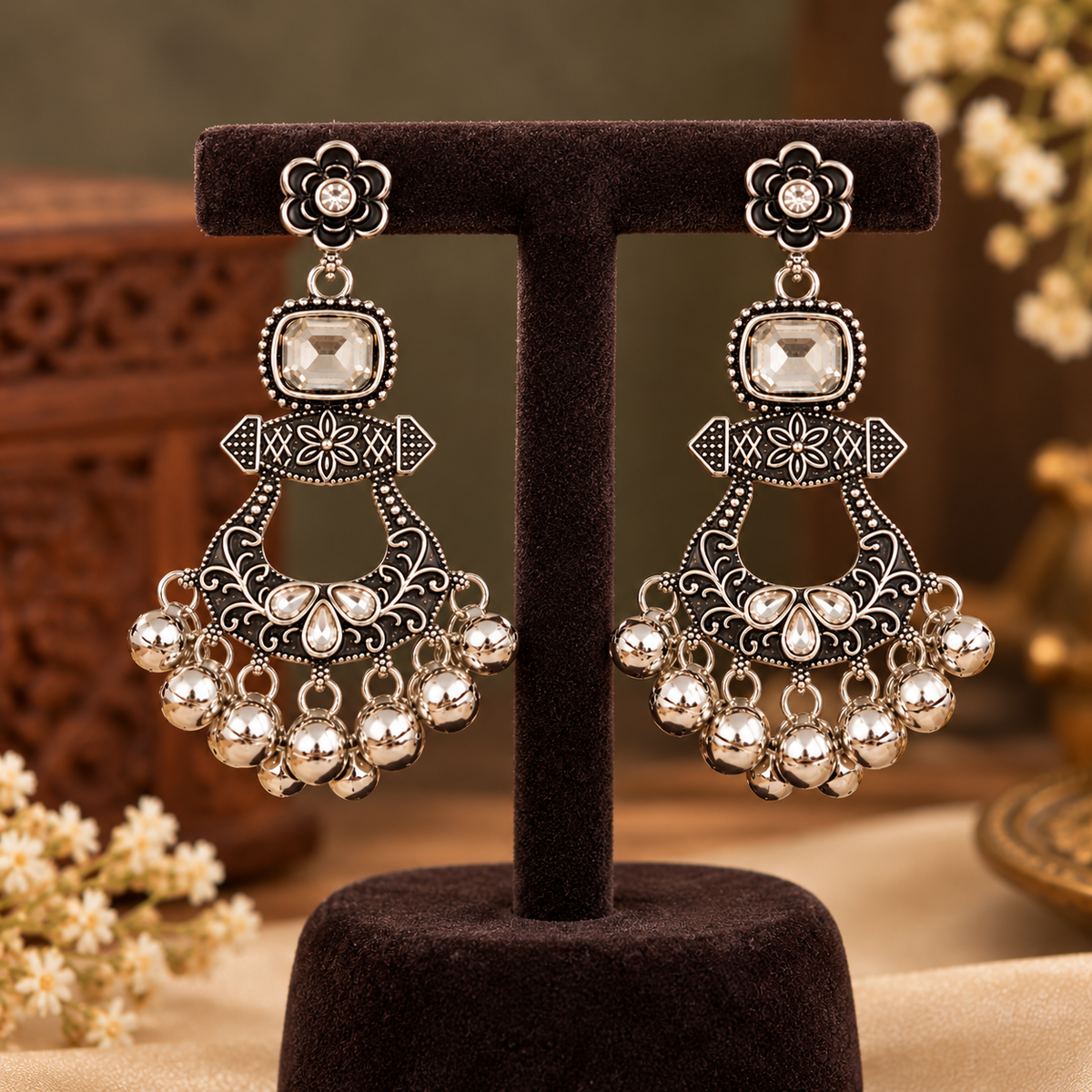 Aarvika Oxidized Silver Chandbali Earrings with Kundan Stones
