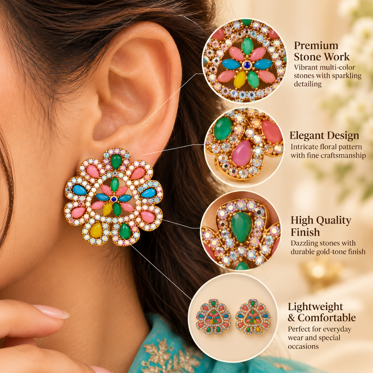 Aarvika Multicolor Stone Stud Earrings with Gold Tone Finish