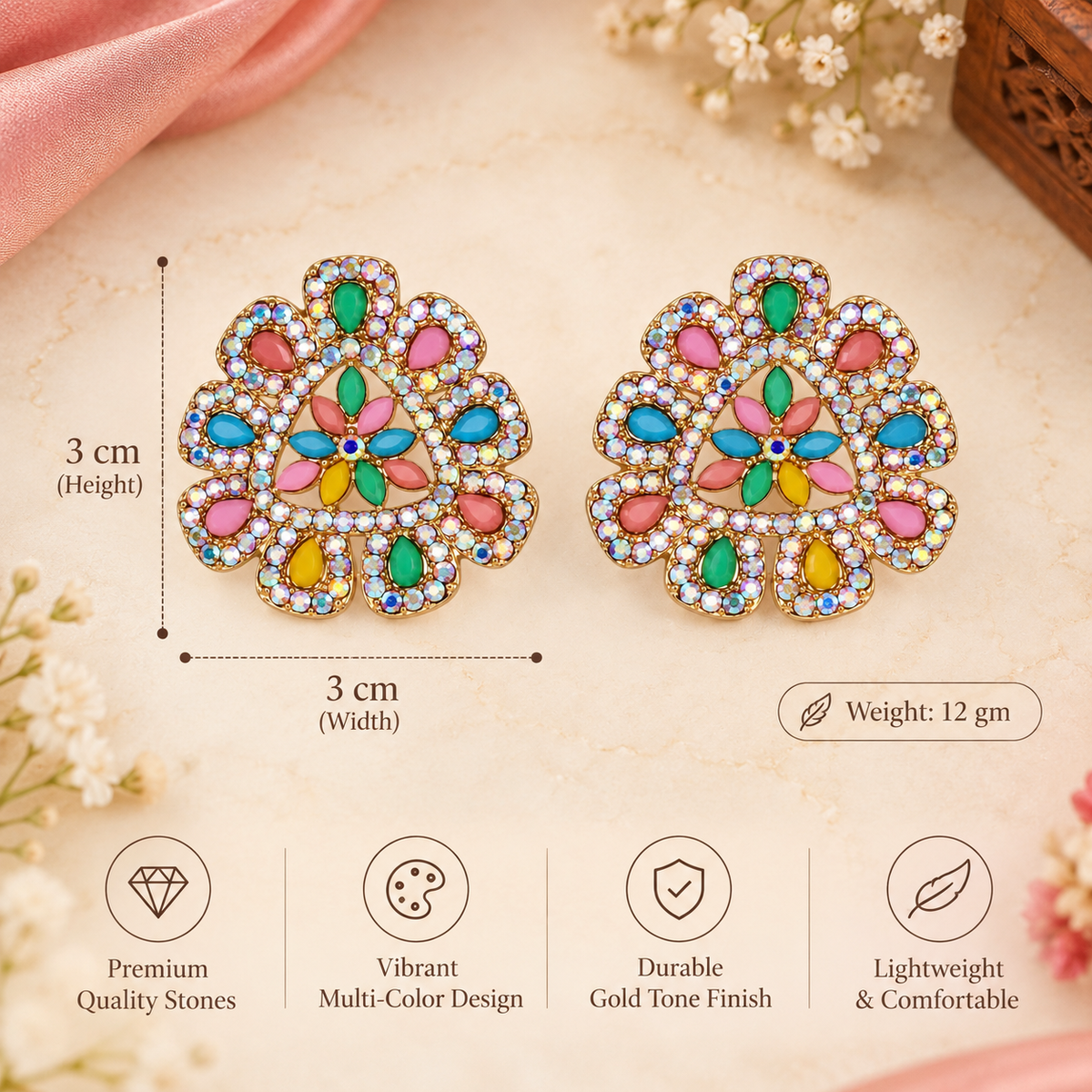 Aarvika Multicolor Stone Stud Earrings with Gold Tone Finish