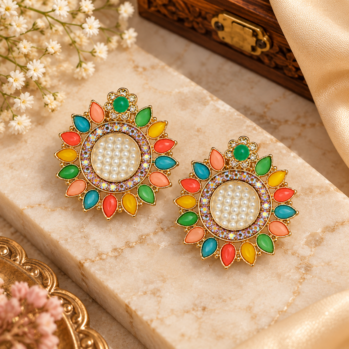 Aarvika Multicolor Floral Stud Earrings with Pearl Center Gold Tone