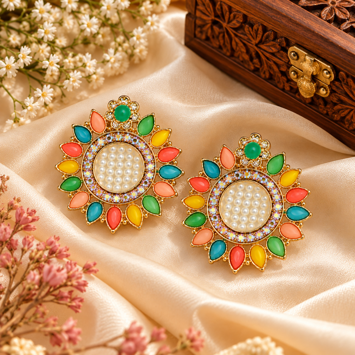 Aarvika Multicolor Floral Stud Earrings with Pearl Center Gold Tone
