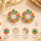 Aarvika Multicolor Floral Stud Earrings with Pearl Center Gold Tone