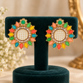 Aarvika Multicolor Floral Stud Earrings with Pearl Center Gold Tone