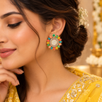 Aarvika Multicolor Floral Stud Earrings with Pearl Center Gold Tone