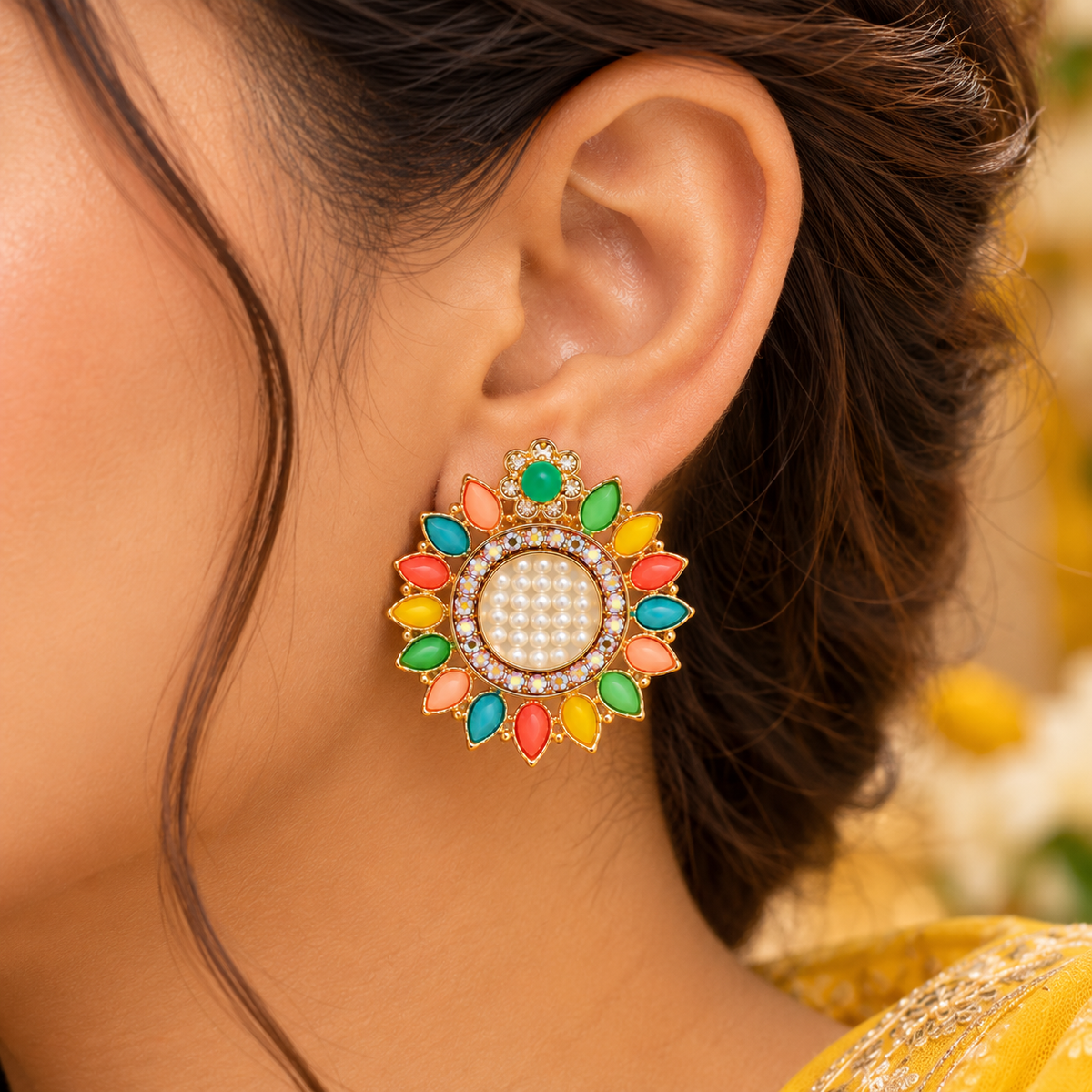 Aarvika Multicolor Floral Stud Earrings with Pearl Center Gold Tone