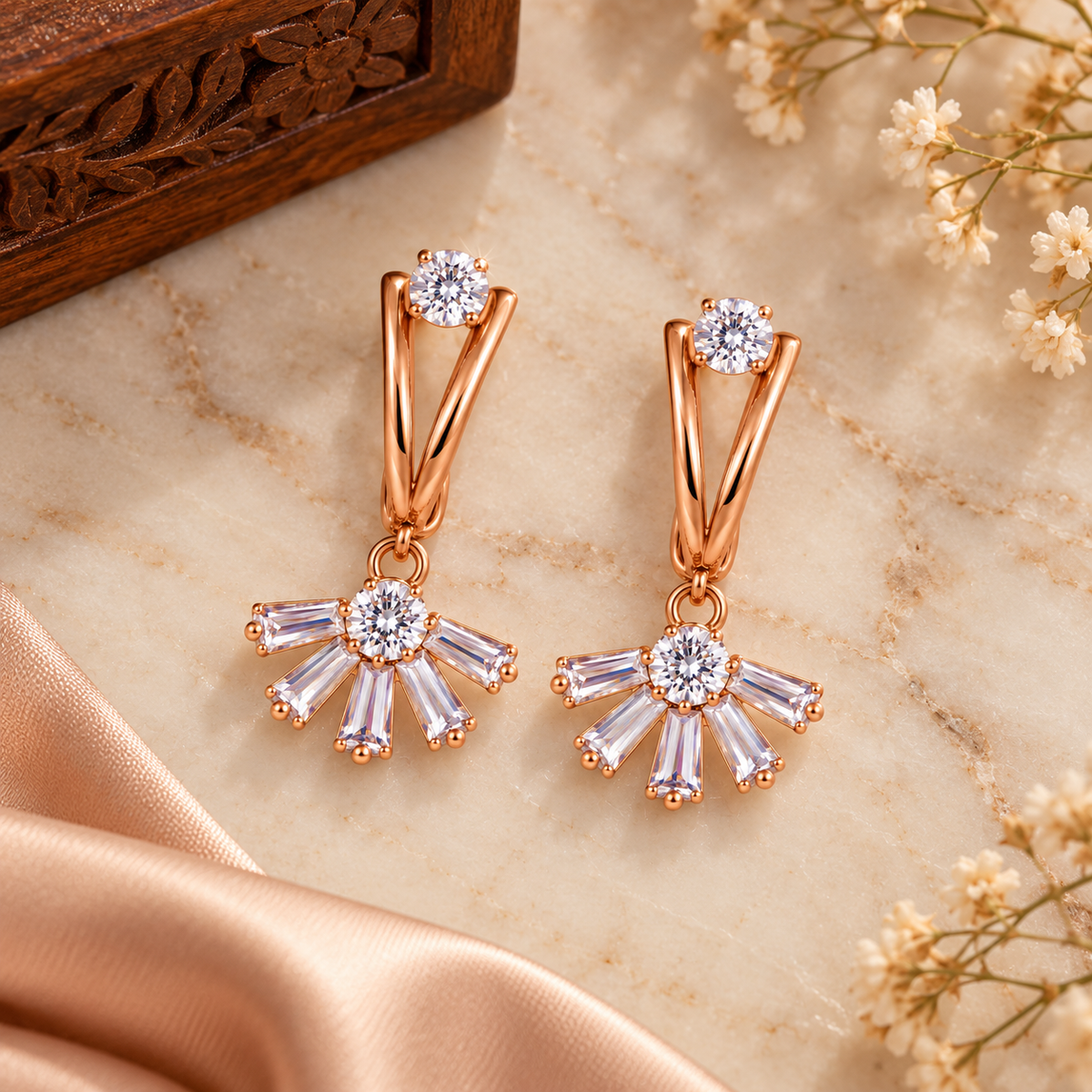 Aarvika Rose Gold Tone Drop Earrings with Cubic Zirconia Fan