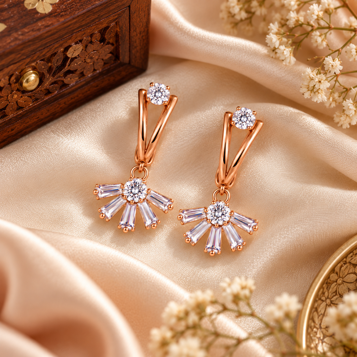 Aarvika Rose Gold Tone Drop Earrings with Cubic Zirconia Fan