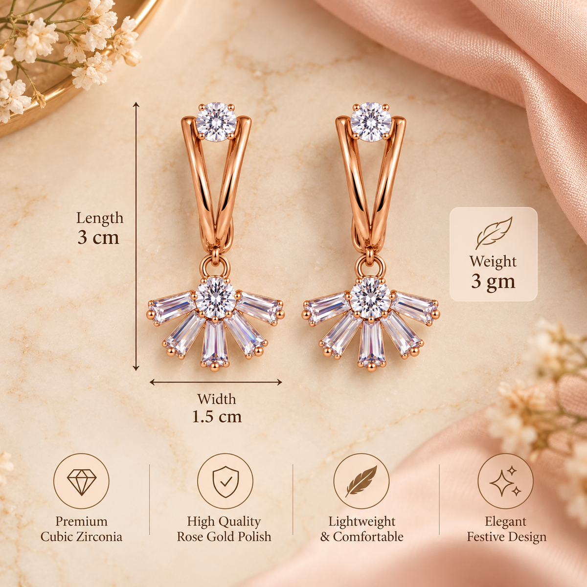 Aarvika Rose Gold Tone Drop Earrings with Cubic Zirconia Fan