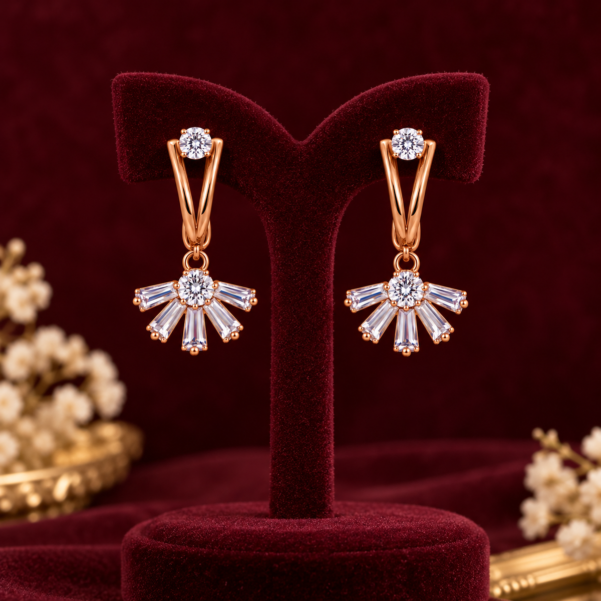 Aarvika Rose Gold Tone Drop Earrings with Cubic Zirconia Fan