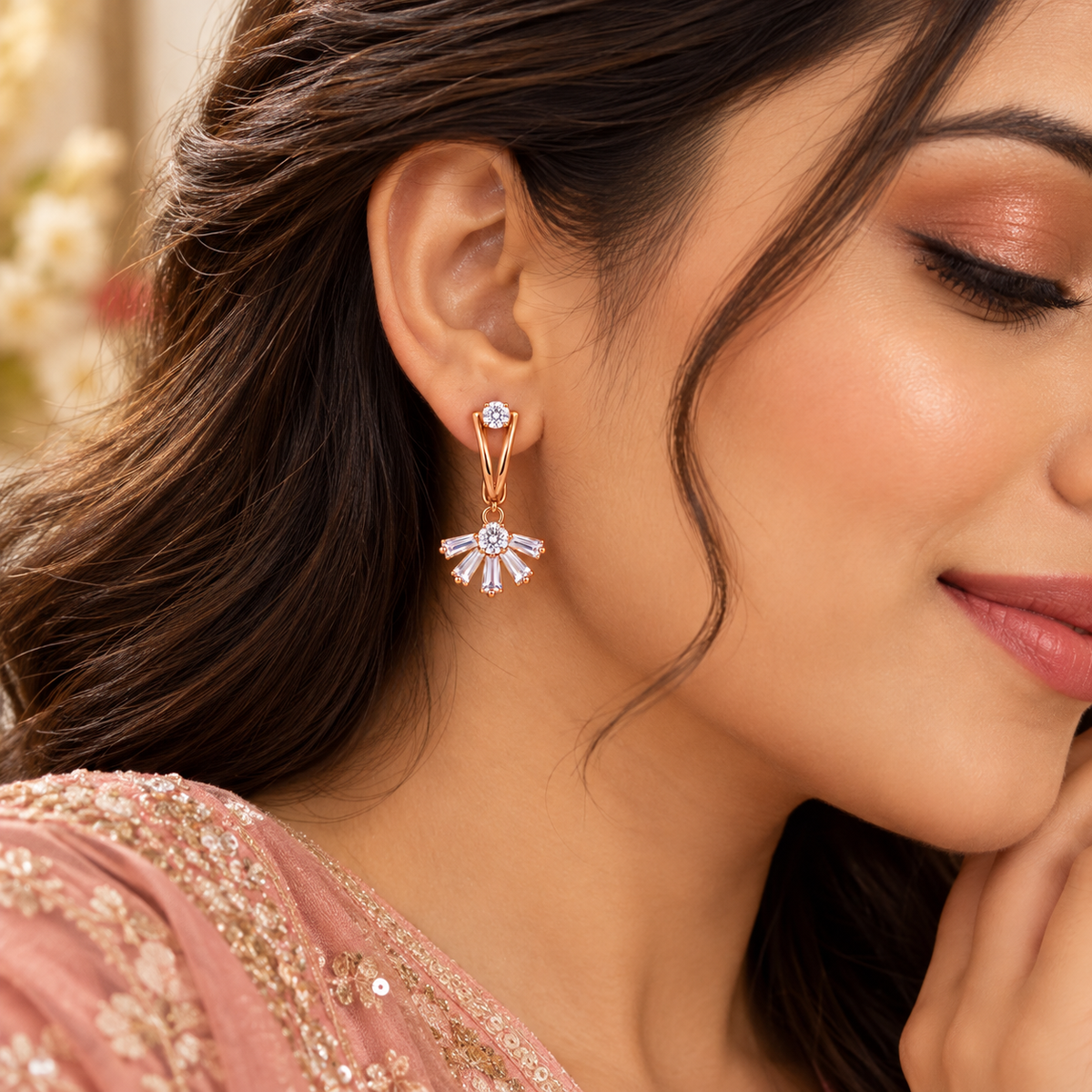 Aarvika Rose Gold Tone Drop Earrings with Cubic Zirconia Fan