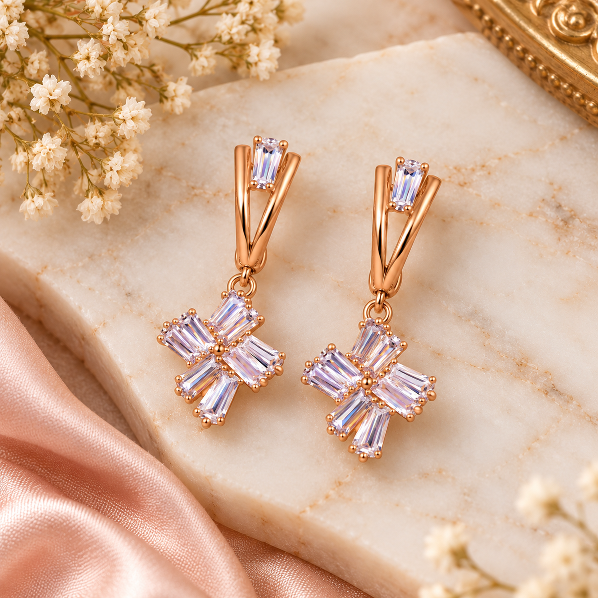 Aarvika Rose Gold Tone Cubic Zirconia Baguette Drop Earrings