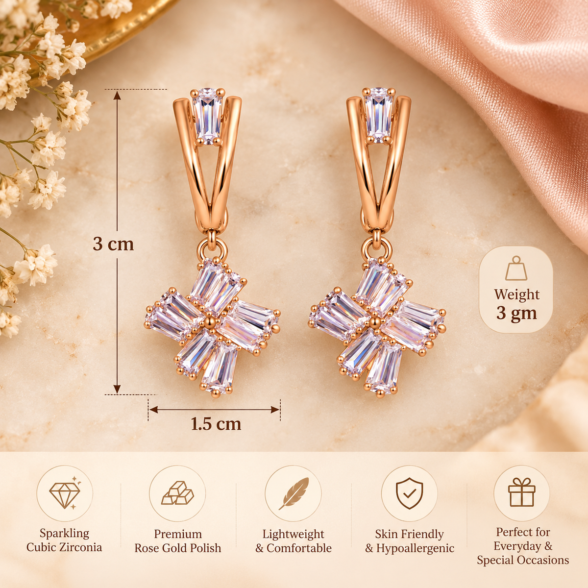 Aarvika Rose Gold Tone Cubic Zirconia Baguette Drop Earrings