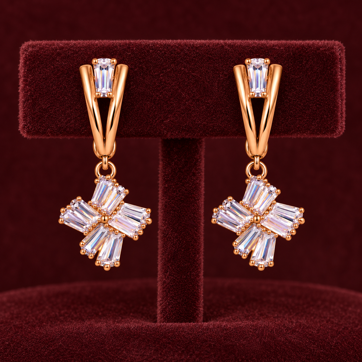 Aarvika Rose Gold Tone Cubic Zirconia Baguette Drop Earrings