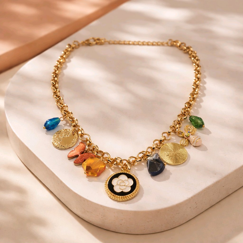 Aarvika Gold-Plated Luxe Multi-Charm Statement Necklace – close-up detail