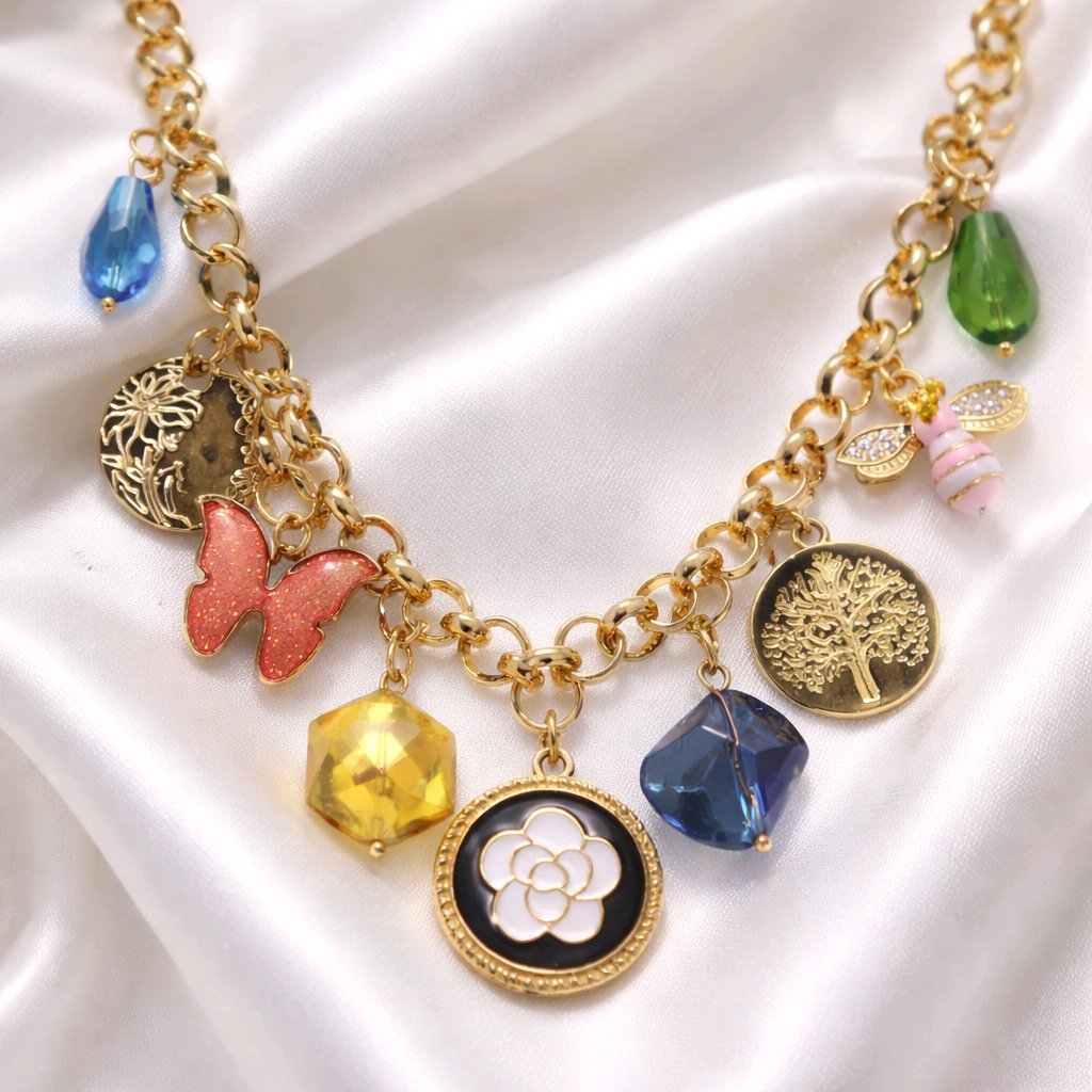 Aarvika Gold-Plated Luxe Multi-Charm Statement Necklace – side view