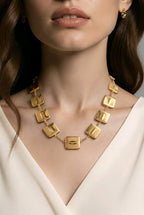 Aarvika Luxe Square-Link Gold Statement Necklace – model wearing