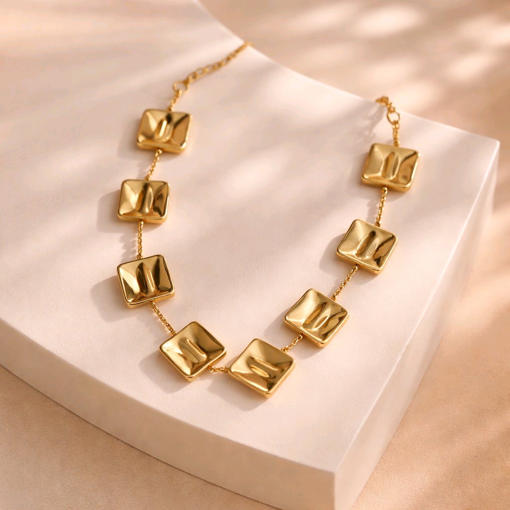 Aarvika Luxe Square-Link Gold Statement Necklace – front view