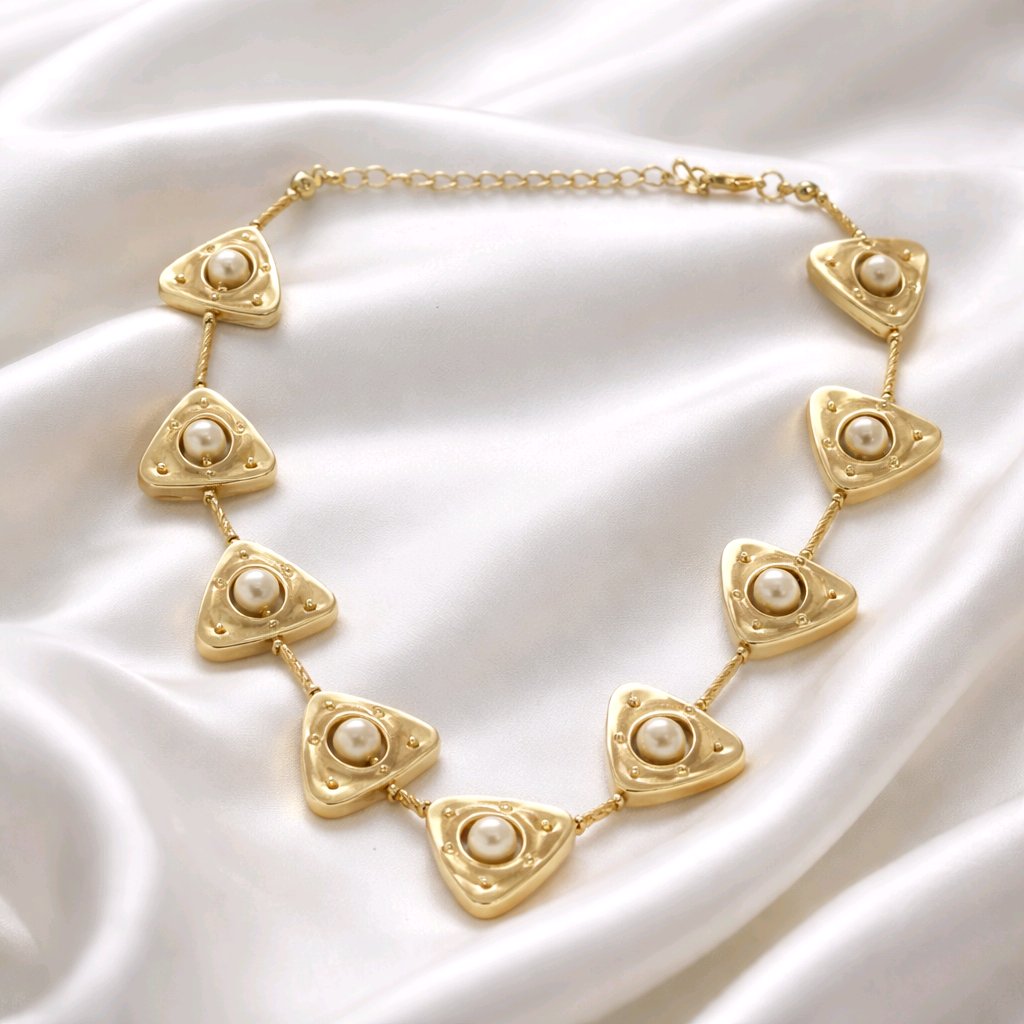 Aarvika Luxe Golden Pearl Triangle Statement Necklace – close-up detail