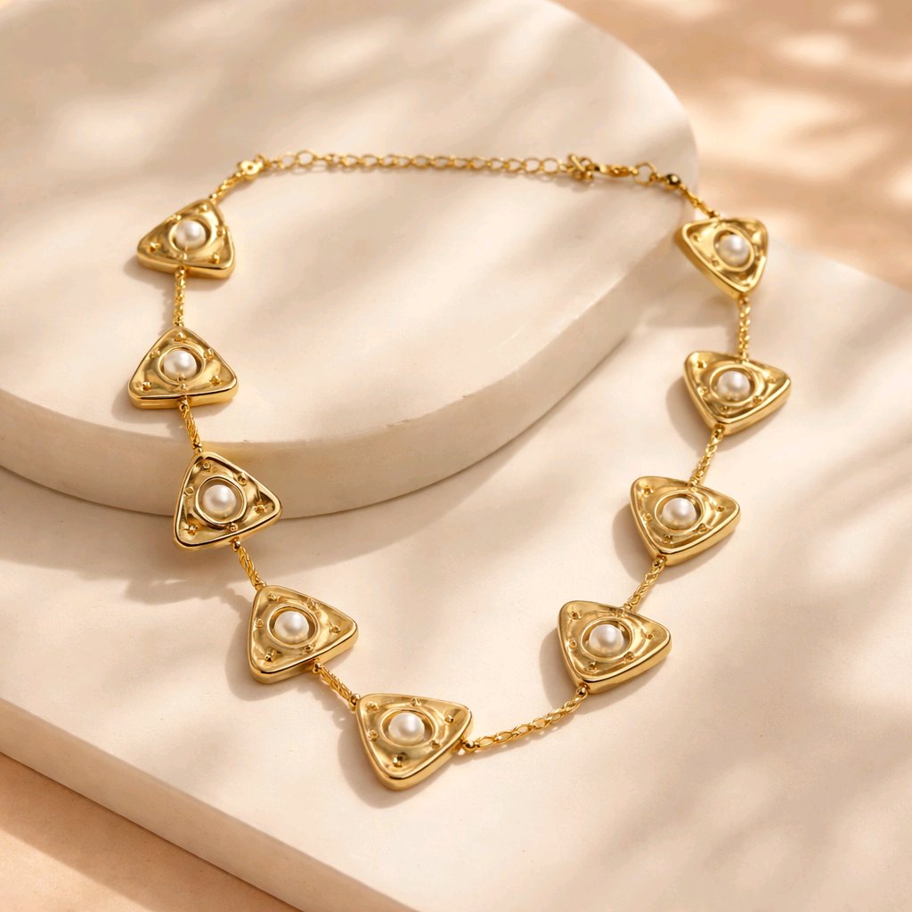 Aarvika Luxe Golden Pearl Triangle Statement Necklace – front view