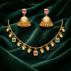 Aarvika Multicolor Stone Charm Necklace Set with Designer Jhumka – front view