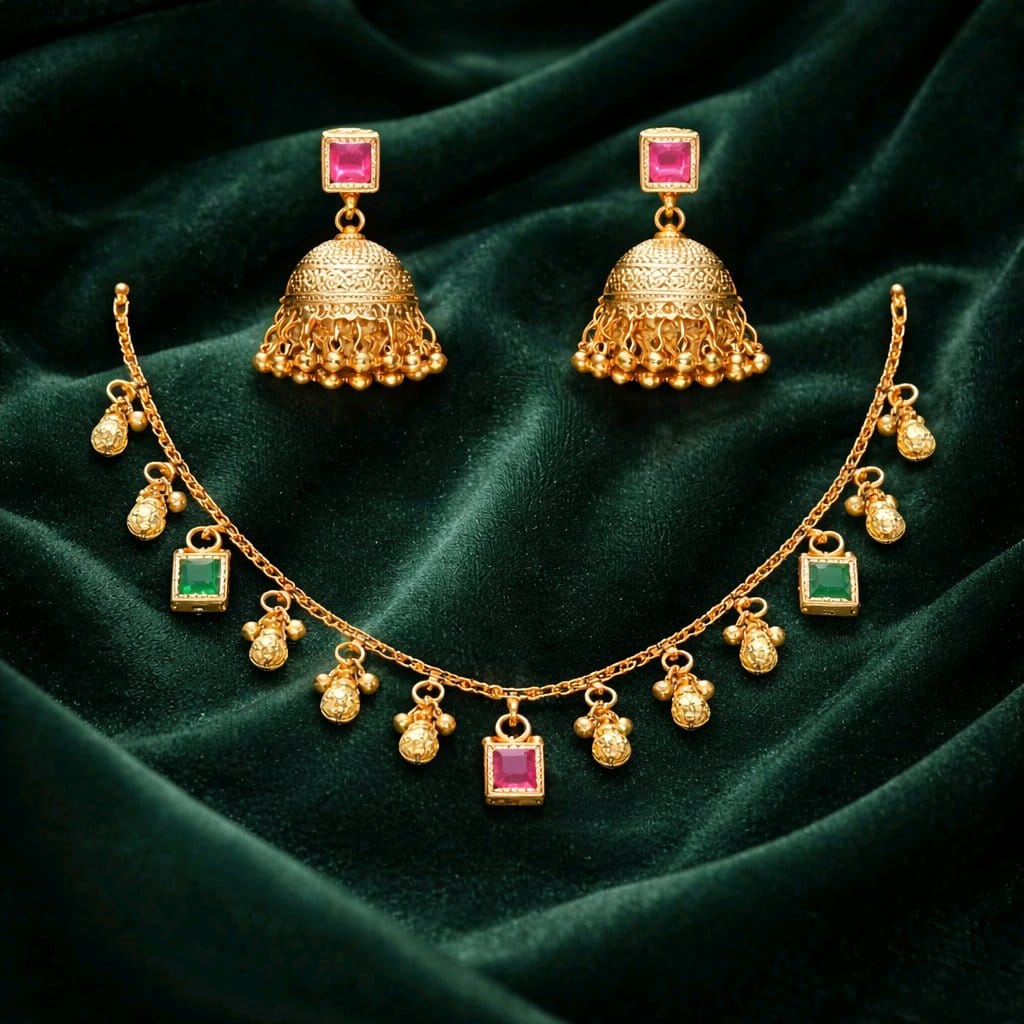 Aarvika Multicolor Stone Charm Necklace Set with Designer Jhumka – front view