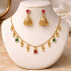 Aarvika Multicolor Stone Charm Necklace Set with Designer Jhumka – model wearing