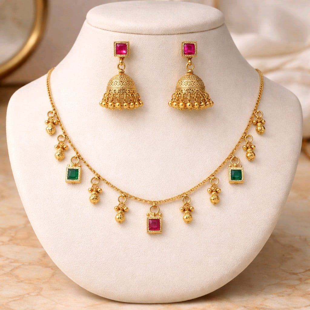 Aarvika Multicolor Stone Charm Necklace Set with Designer Jhumka – model wearing