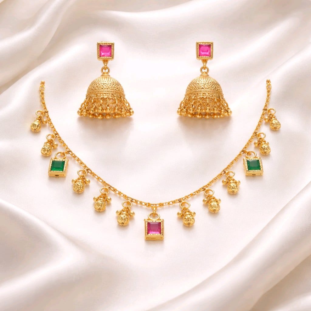 Aarvika Multicolor Stone Charm Necklace Set with Designer Jhumka – flat lay