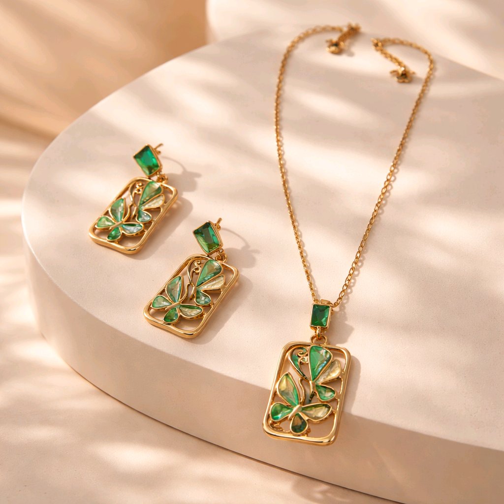 Aarvika Emerald Stone Emerald Butterfly Pendant Necklace & Earrings Set – side view