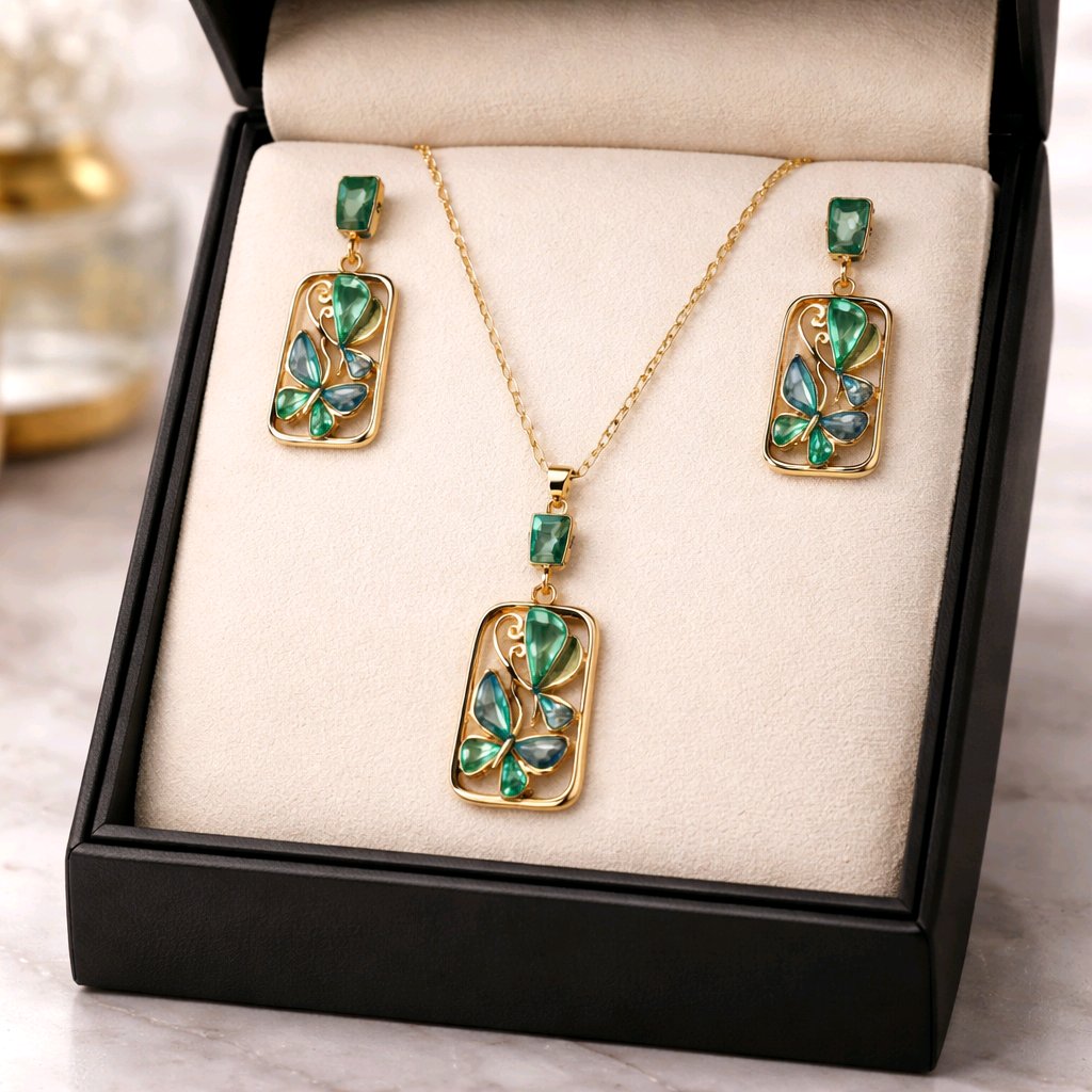 Aarvika Emerald Stone Emerald Butterfly Pendant Necklace & Earrings Set – front view