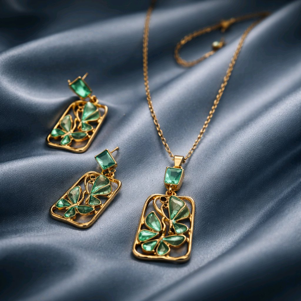 Aarvika Emerald Stone Emerald Butterfly Pendant Necklace & Earrings Set – model wearing