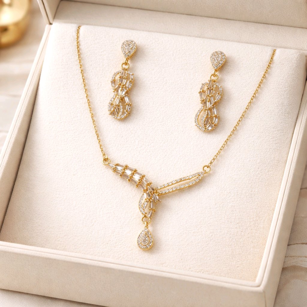 Aarvika CZ Crystal Luxe Infinity Crystal Drop Necklace & Earrings Set – front view