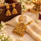 Aarvika Gold Tone Lakshmi Temple Necklace Set with Jhumka Earrings