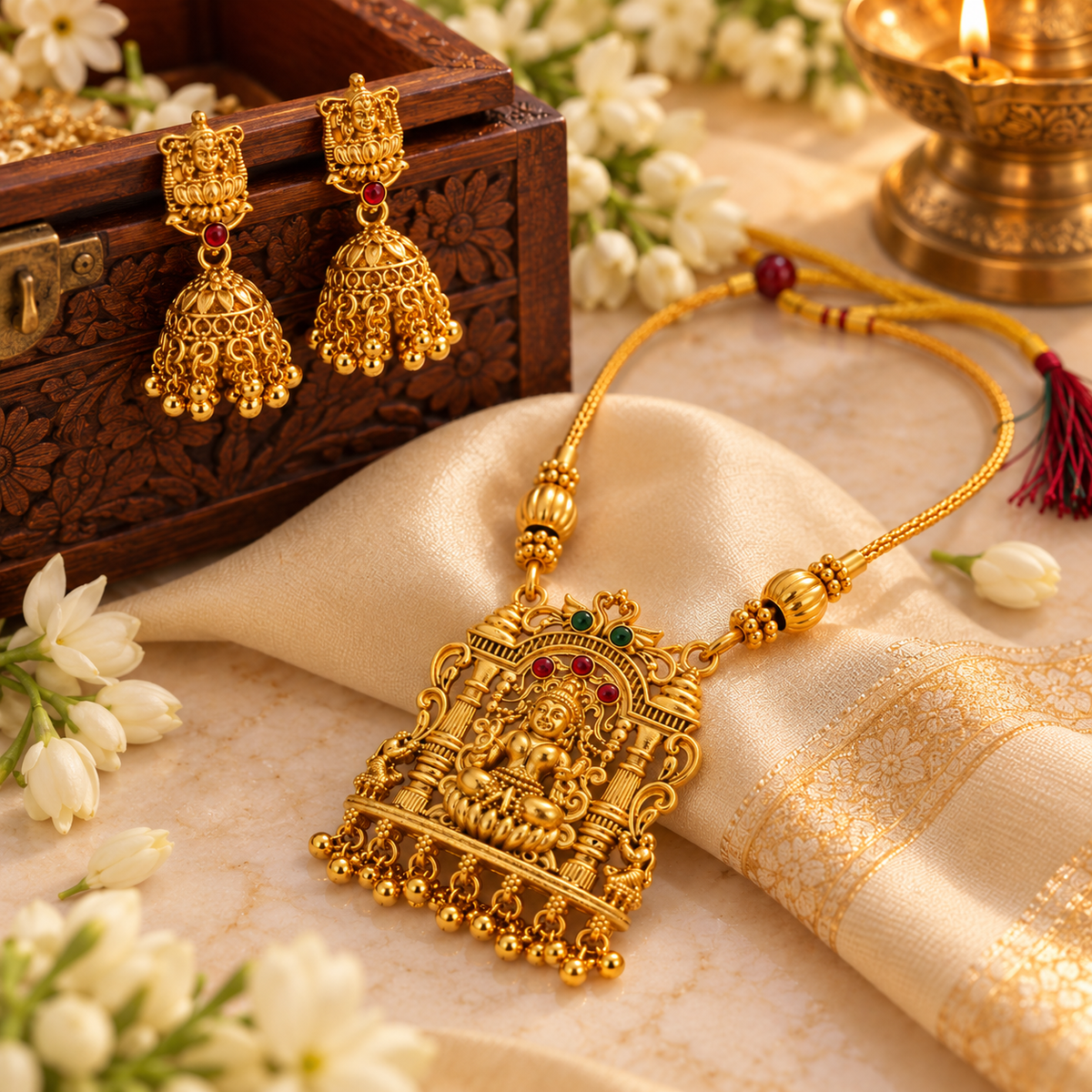 Aarvika Gold Tone Lakshmi Temple Necklace Set with Jhumka Earrings
