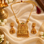 Aarvika Gold Tone Lakshmi Temple Necklace Set with Jhumka Earrings