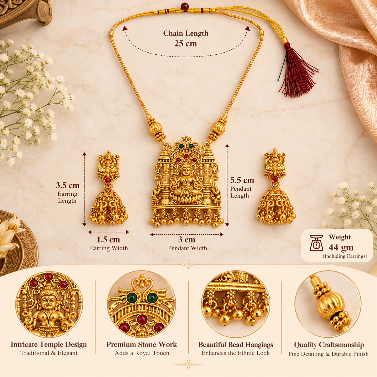 Aarvika Gold Tone Lakshmi Temple Necklace Set with Jhumka Earrings