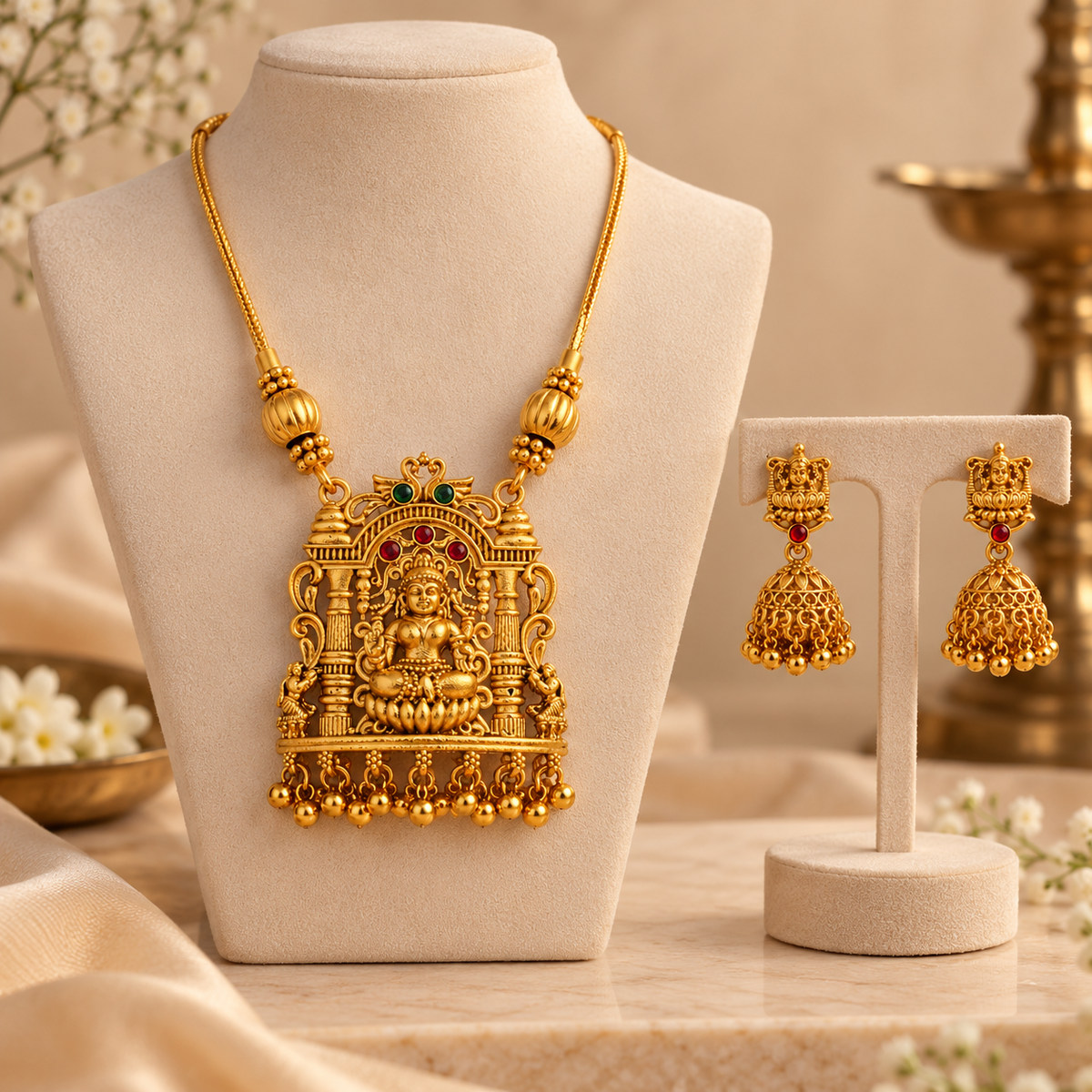 Aarvika Gold Tone Lakshmi Temple Necklace Set with Jhumka Earrings