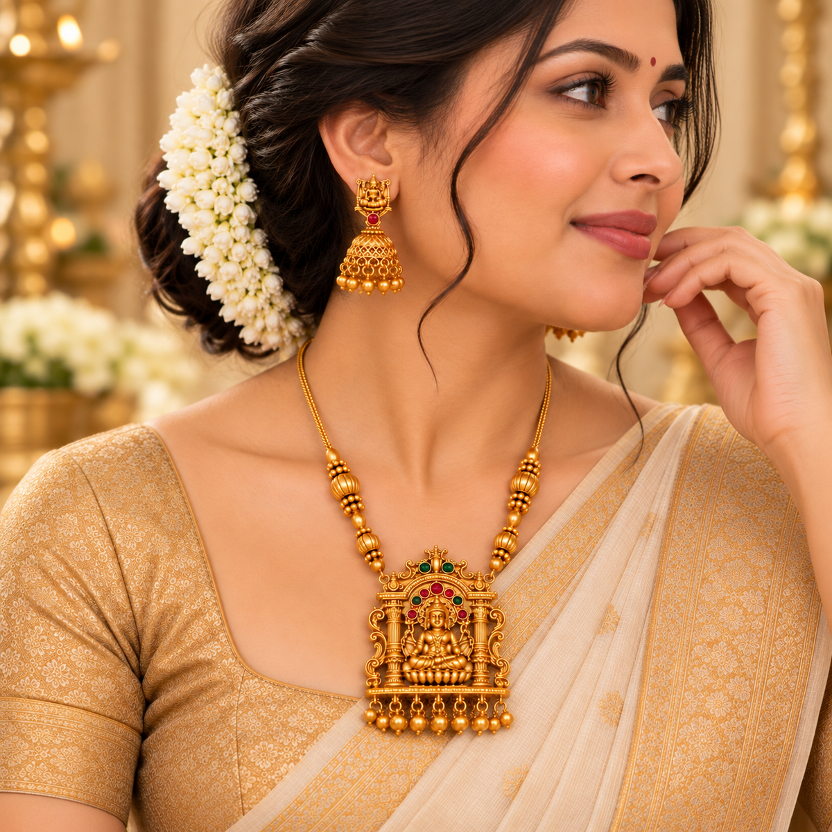Aarvika Gold Tone Lakshmi Temple Necklace Set with Jhumka Earrings