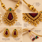 Aarvika Gold-Tone Traditional Necklace Set with Red Green Stones