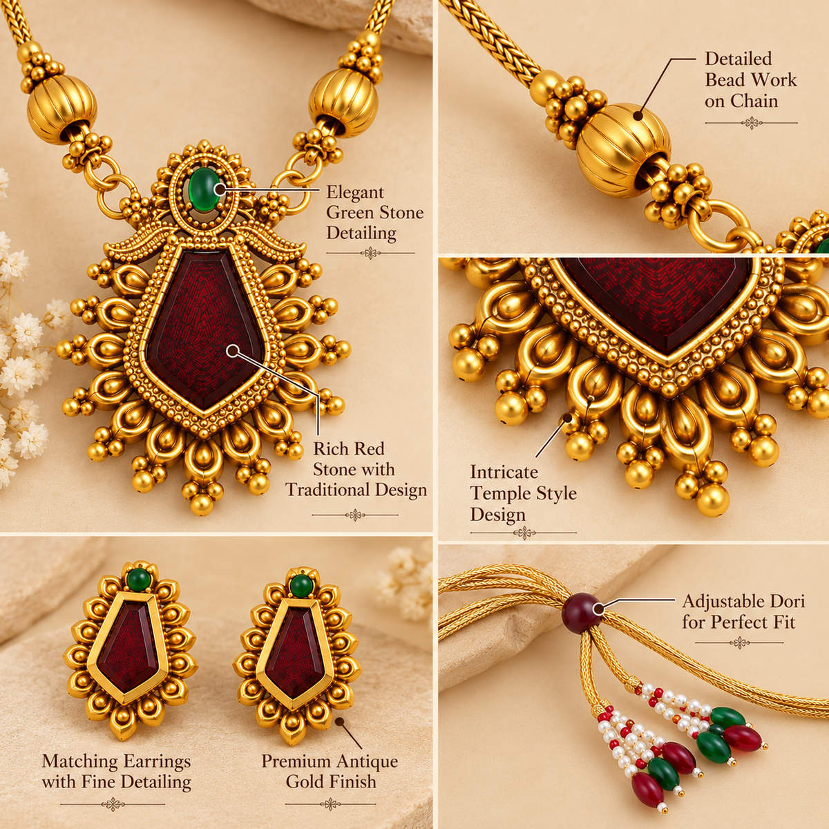 Aarvika Gold-Tone Traditional Necklace Set with Red Green Stones