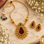 Aarvika Gold-Tone Traditional Necklace Set with Red Green Stones