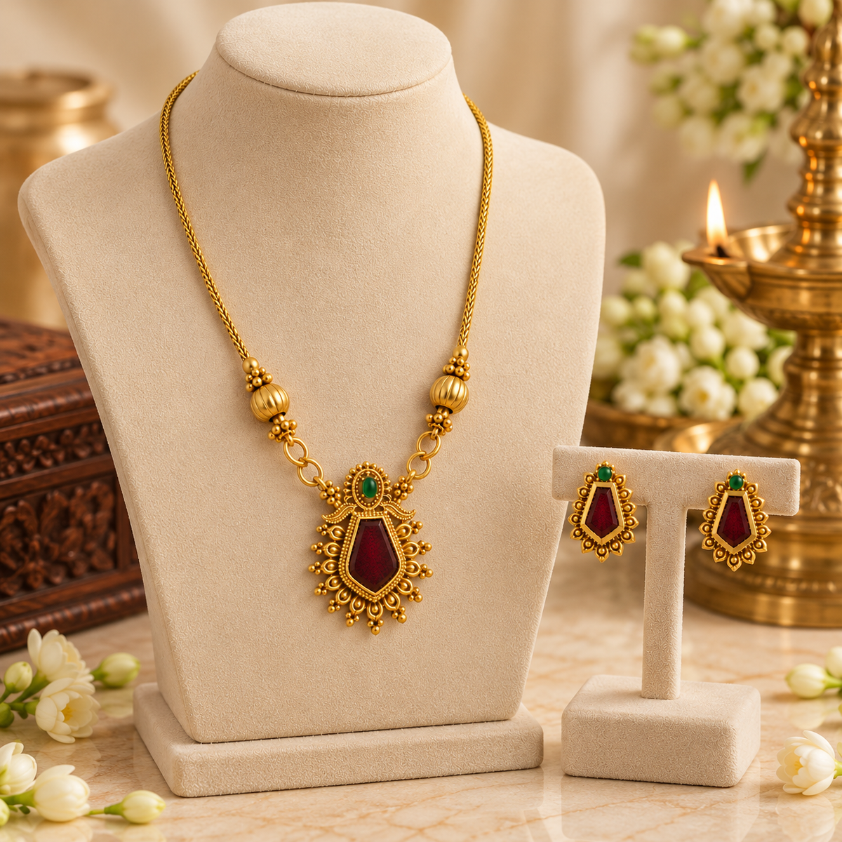 Aarvika Gold-Tone Traditional Necklace Set with Red Green Stones